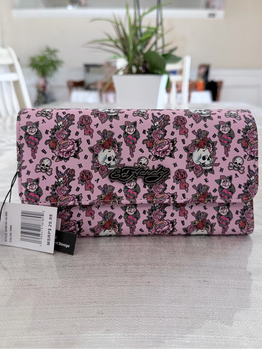 Ed Hardy Pink Floral Skull Print Wallet